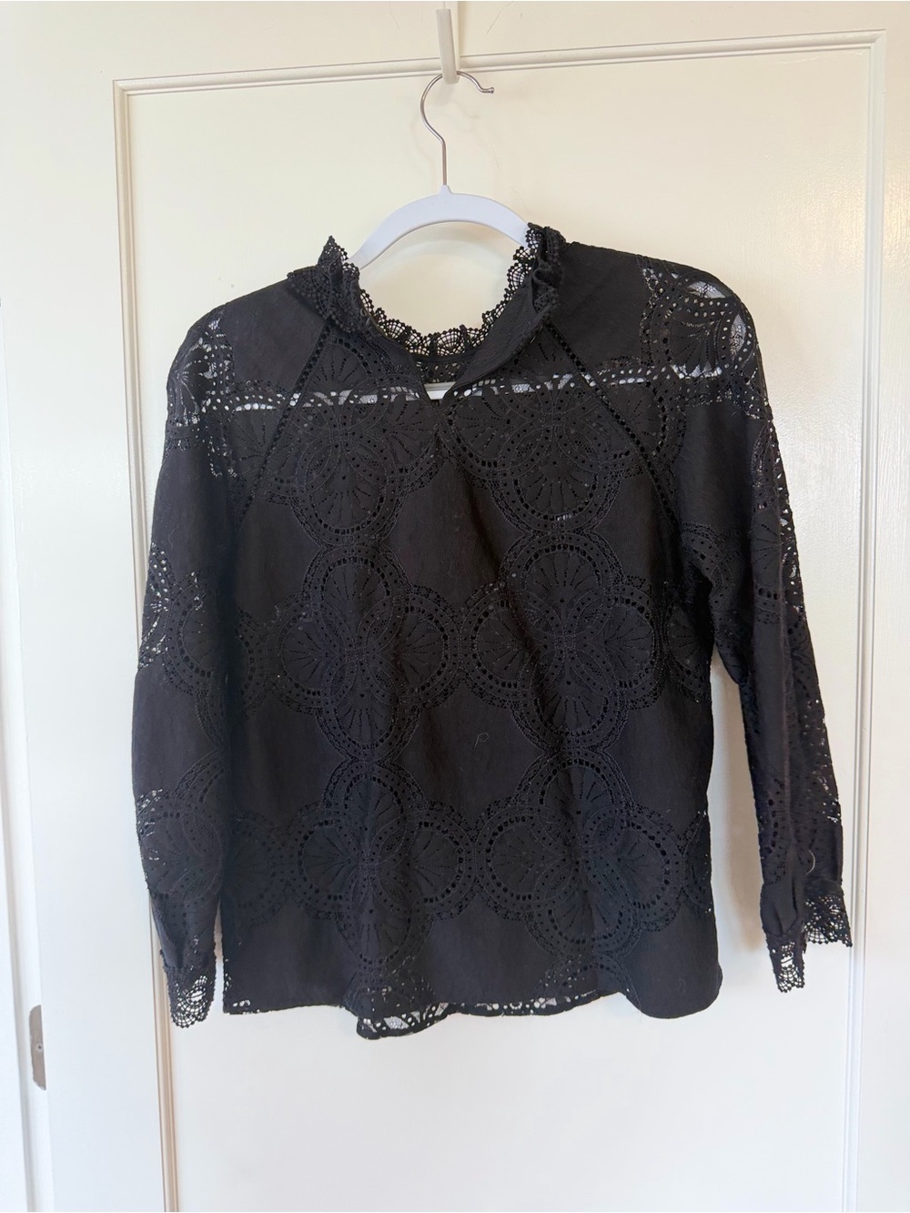Sezane Black Lace Crochet Blouse with High Neck